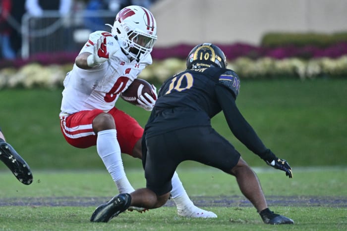 Wisconsin running back Braelon Allen breaking a tackle against Northwestern.